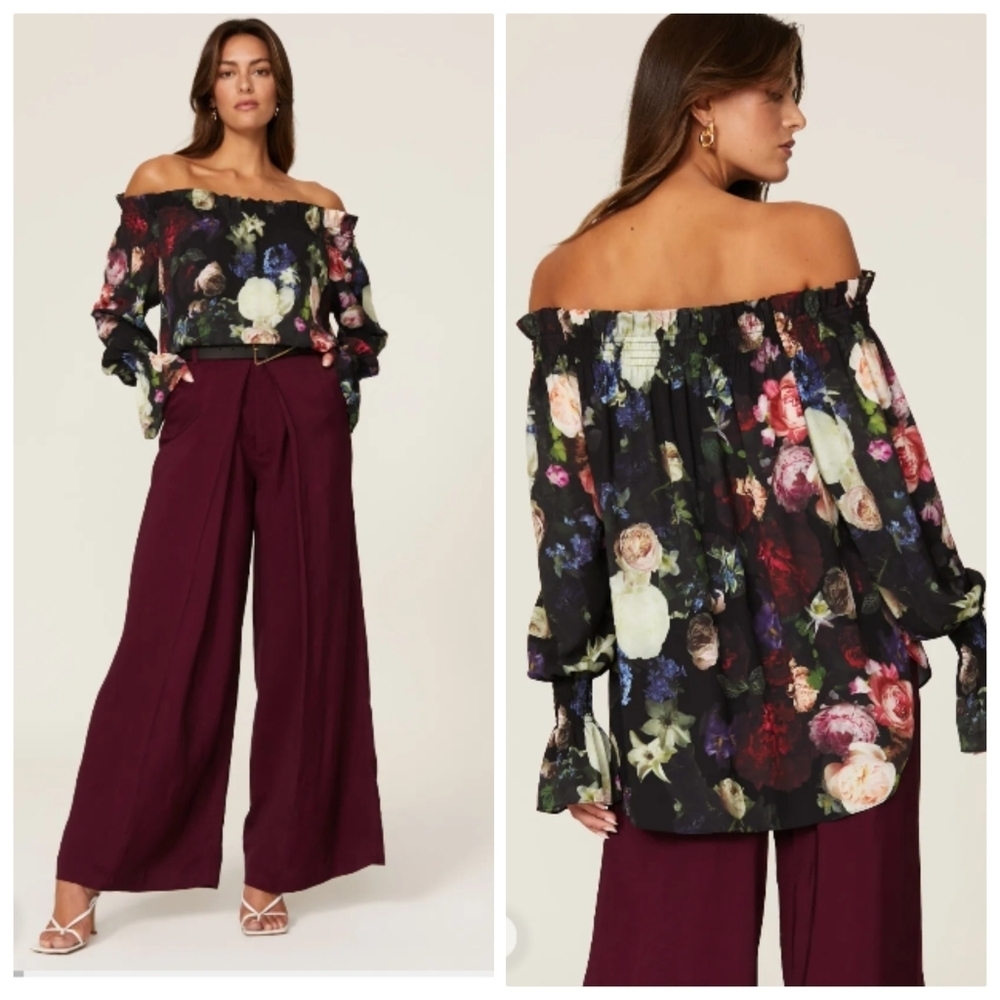 Adam Lippes Off Shoulder Floral Top Shirt Womens Small Black Floral Blouse